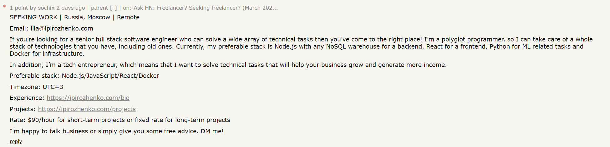 Hacker News Post Example. How To Find Your First Client As A Freelance Software Developer in 2020